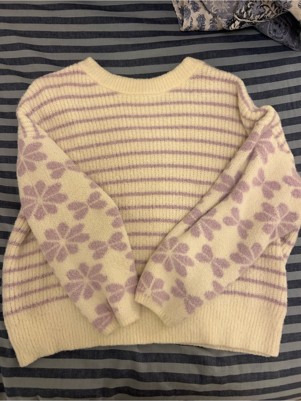 Altar'd State Cream & Lavender Floral-Striped Crewneck Sweater